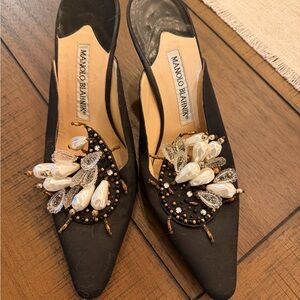 *SOLD* Manolo Blahnik Black Grosgrain Orientalia Pearl Jewel Detail mules
